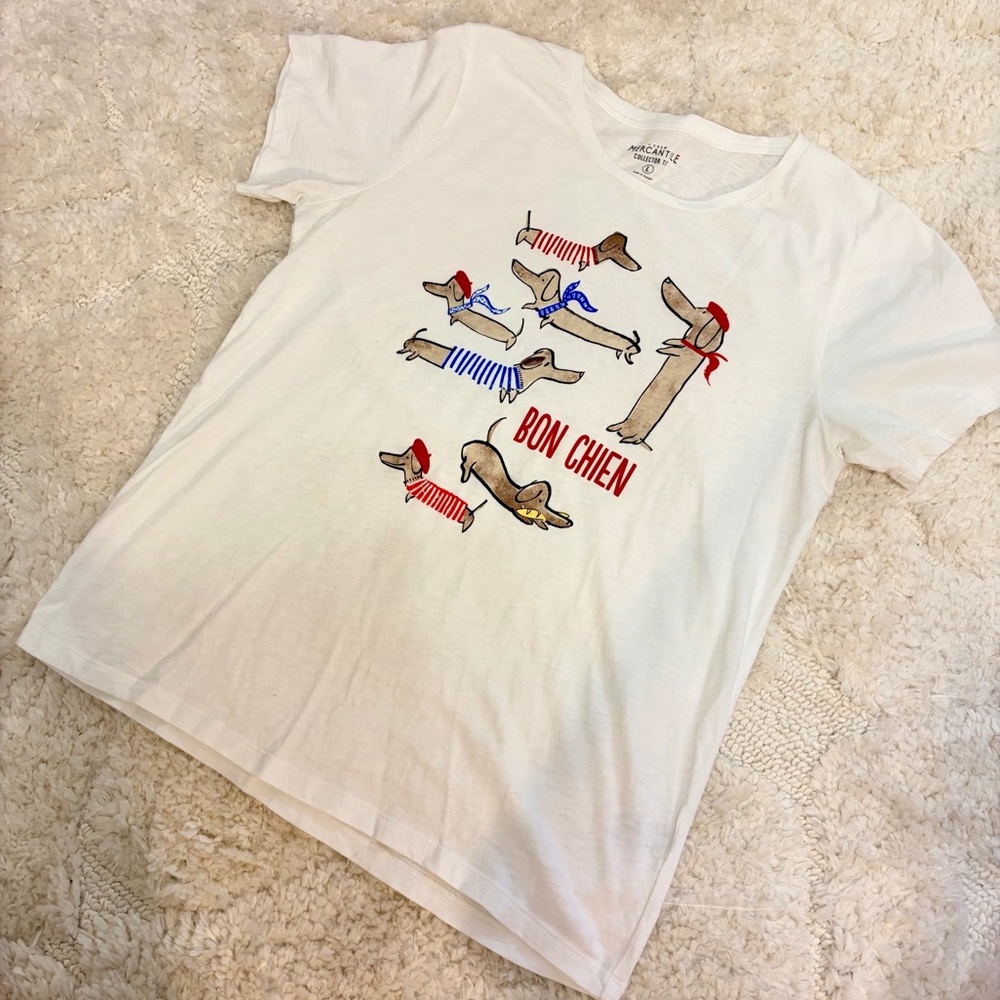 J. Crew White Graphic Tee with French Dachshund Print L - Picture 2 of 7